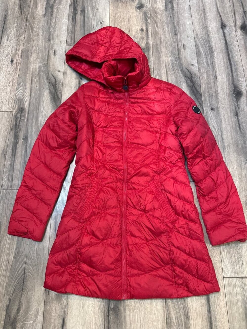 Nautica Womens Red Quilted Down Hooded Jacket Lightweight Water-Resistant Size S